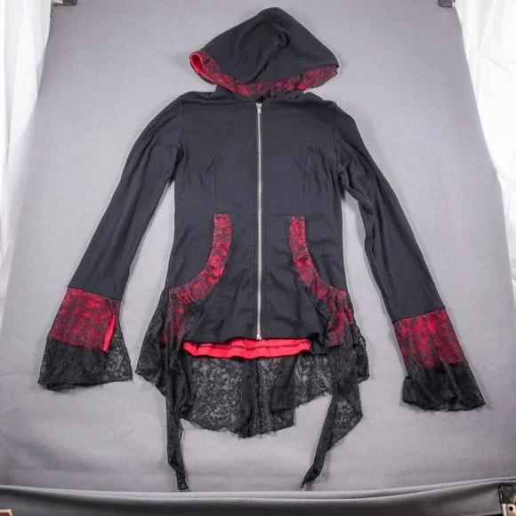 Y2K Lace Corset Hoodie Tripp NYC Sweater Black Red Jacket Womens M Goth Punk - Picture 3 of 11